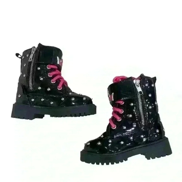 DISNEY CRUELLA DE VIL Black Patent Leather Studded Kids Boots‎ Shoes Pink Size 7 - Picture 2 of 6